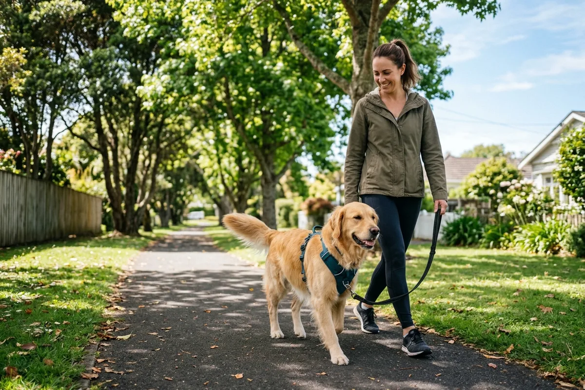 A family dog wearing an ergonomic padded harness with the lead attached to the front chest clip walking calmly alongside its owner