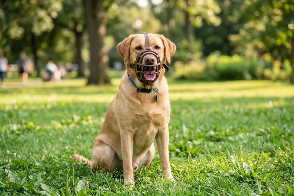 A friendly adult dog wearing an open basket muzzle that allows full panting and drinking sitting calmly on a sunny park lawn