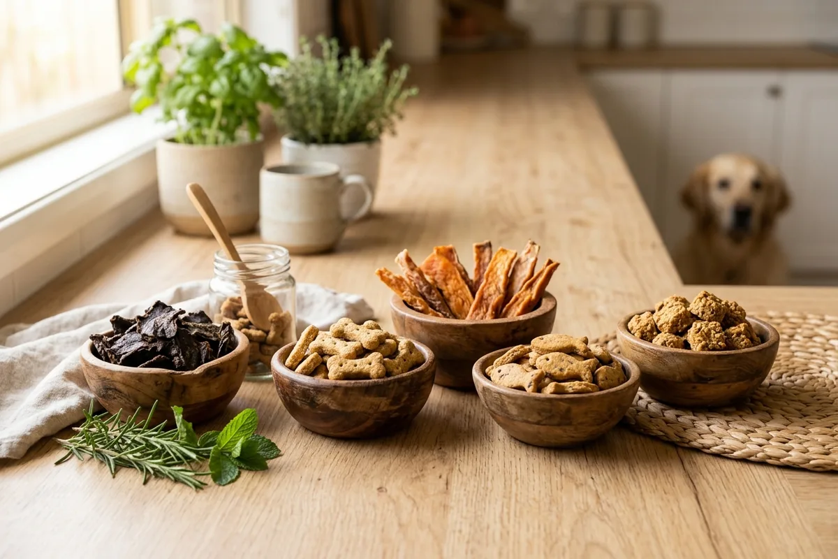 An assortment of healthy natural dog treats and beef liver chews arranged in rustic wooden bowls on a timber kitchen counter
