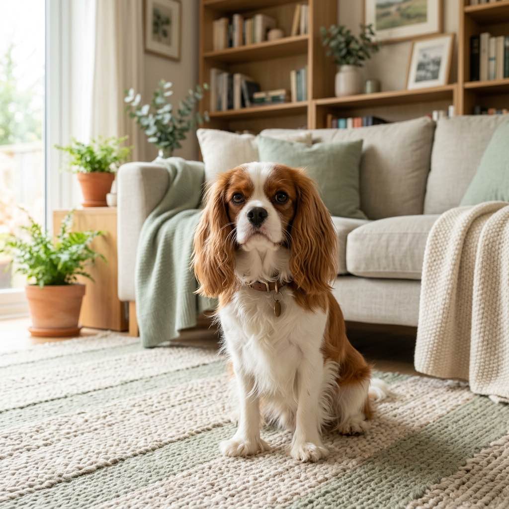 A friendly calm Cavalier King Charles Spaniel sitting nicely on a cozy living room rug