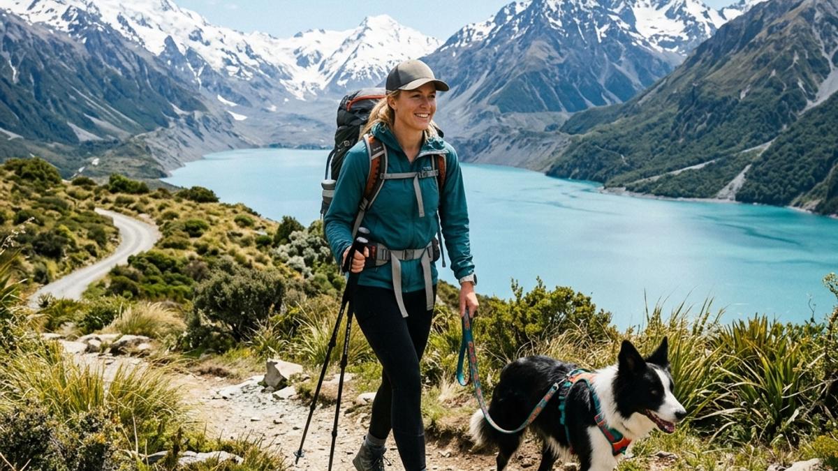 An active owner hiking with a border collie on a scenic mountain trail in New Zealand with lake views