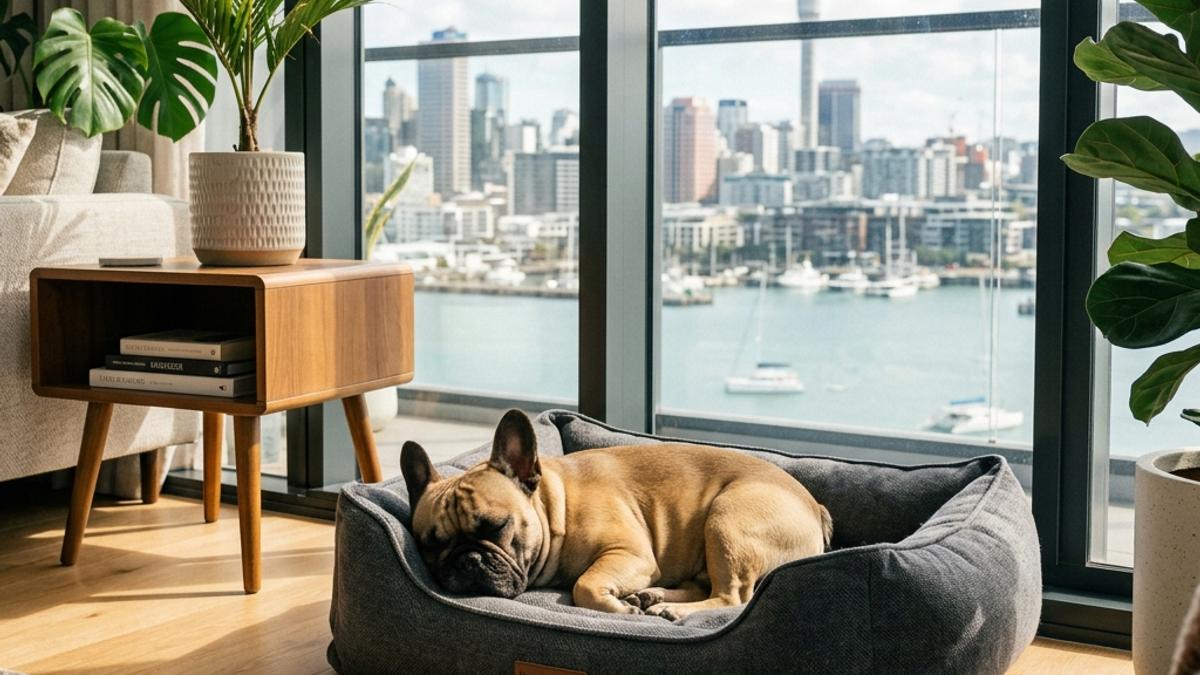 A French Bulldog resting comfortably in its bed inside an apartment with Auckland city views