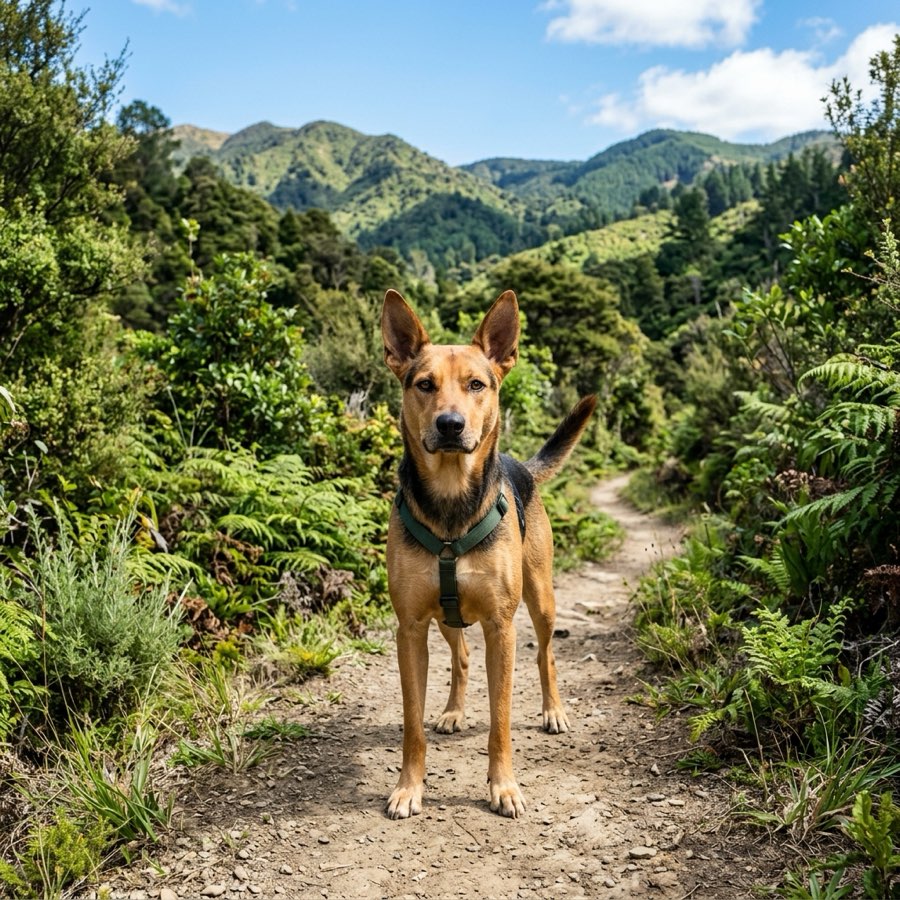 An athletic dog wearing a green harness standing alert on a dirt running trail in the New Zealand hills