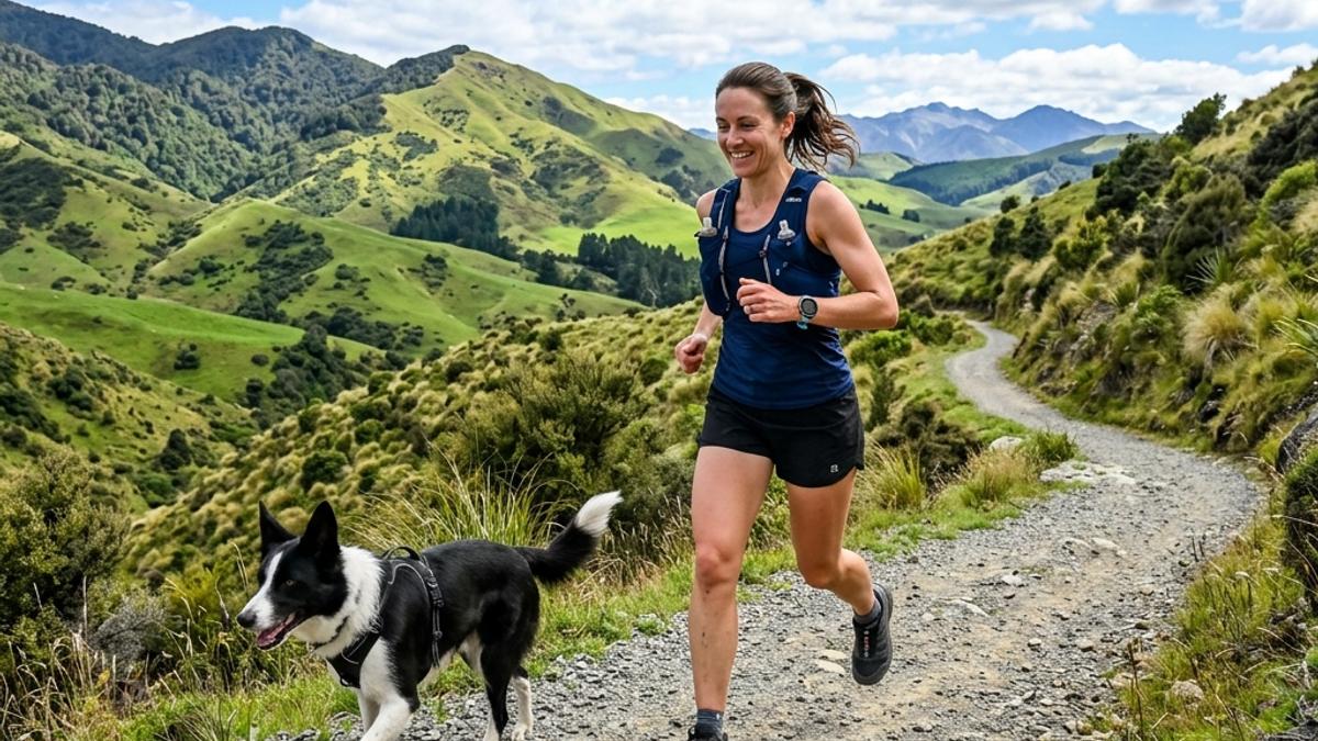 An active runner jogging with a border collie on scenic New Zealand gravel trail