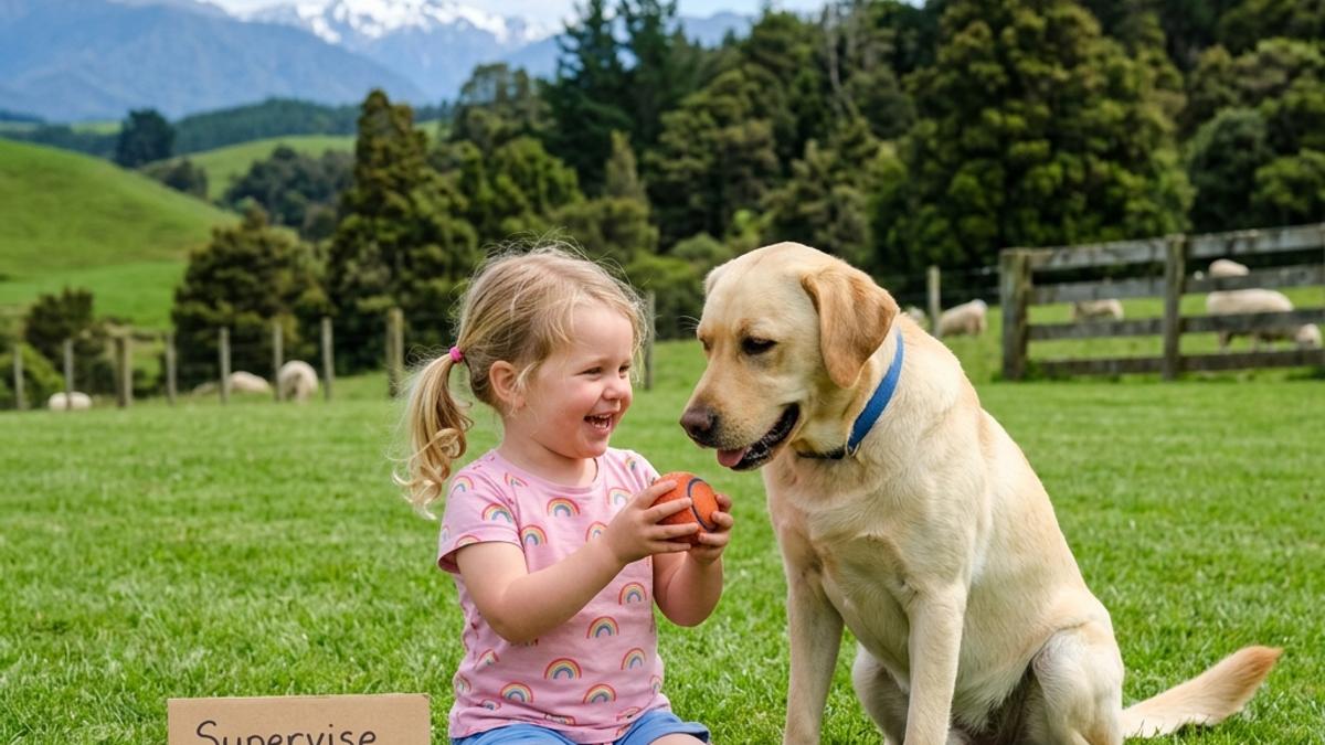A gentle labrador dog playing with a young girl on a lawn in New Zealand next to a safety sign