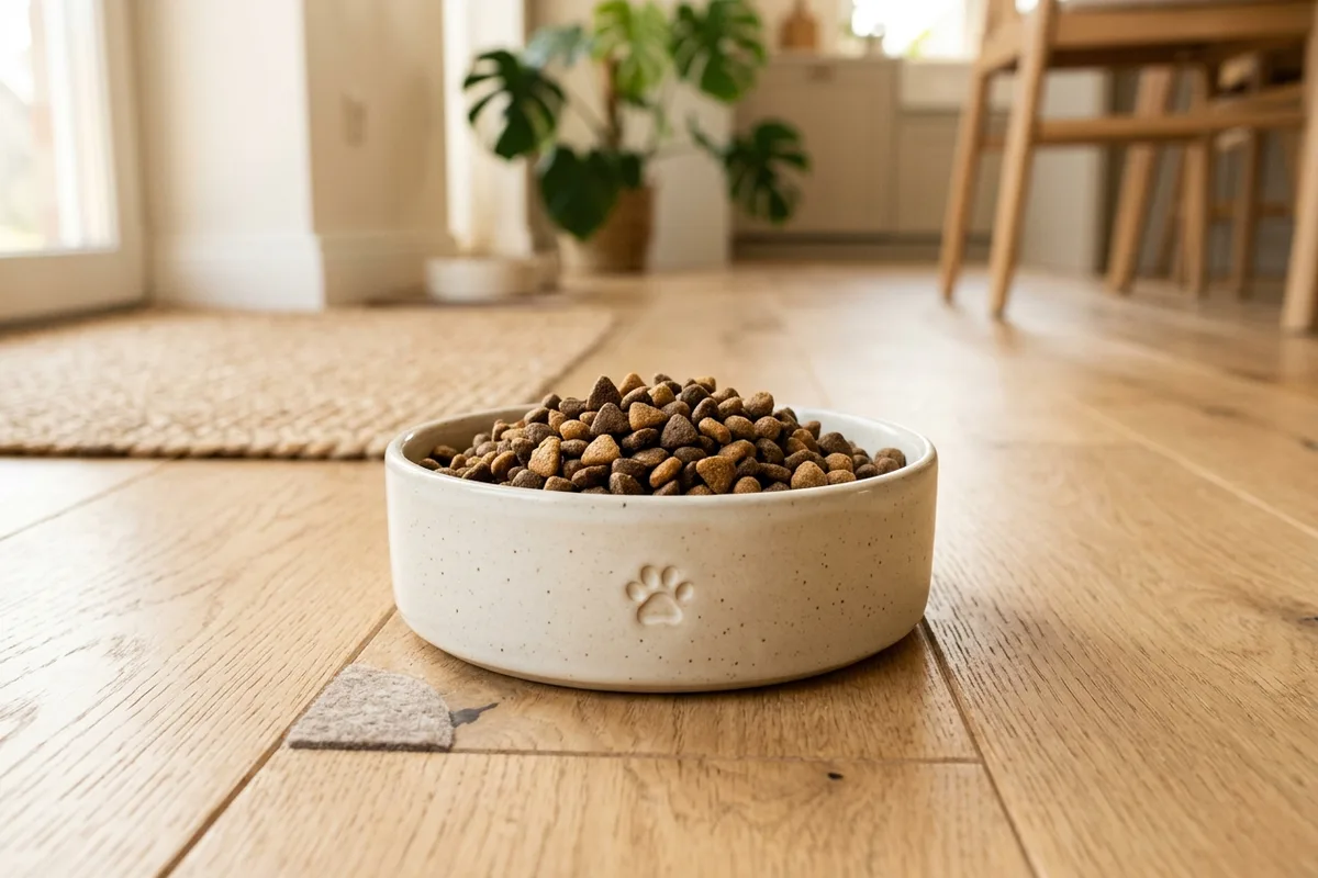 A stylish ceramic feeding bowl filled with nutritious dry cat food kibbles on a clean wooden kitchen floor in natural daylight