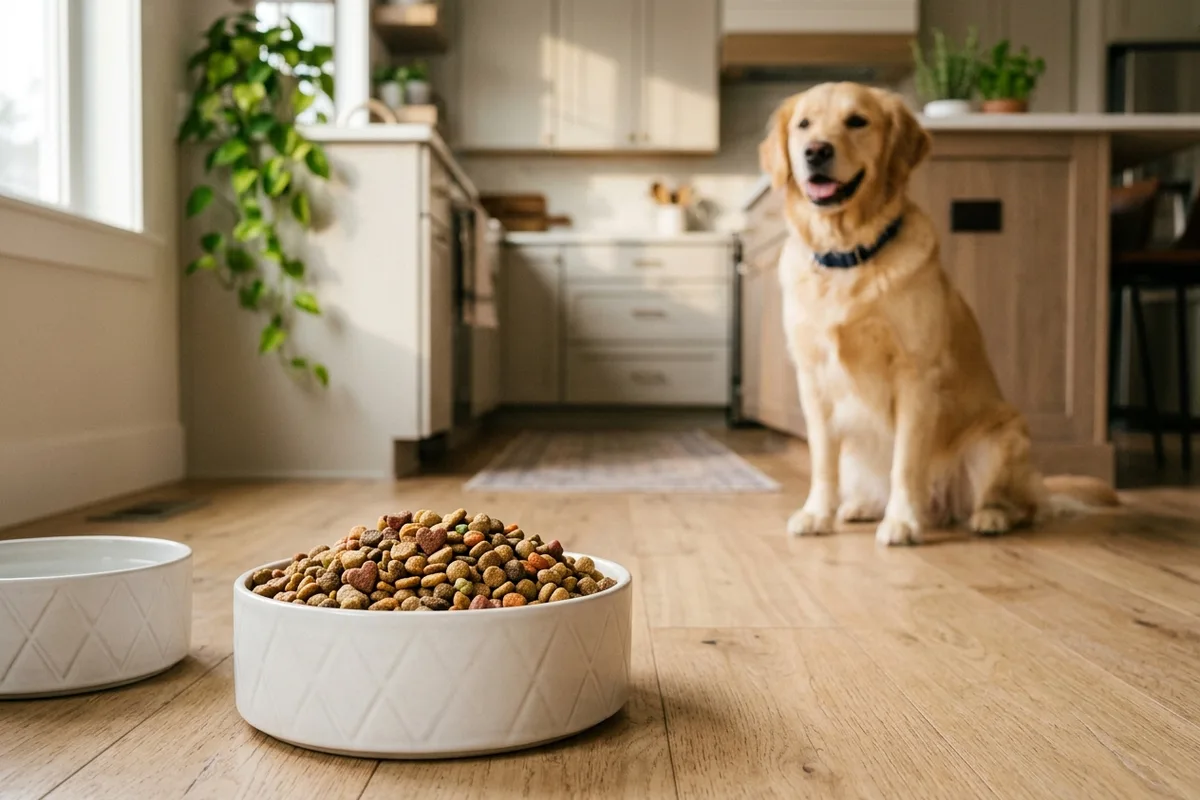A white ceramic pet bowl filled with nutritious dry dog food kibble on a light oak kitchen floor