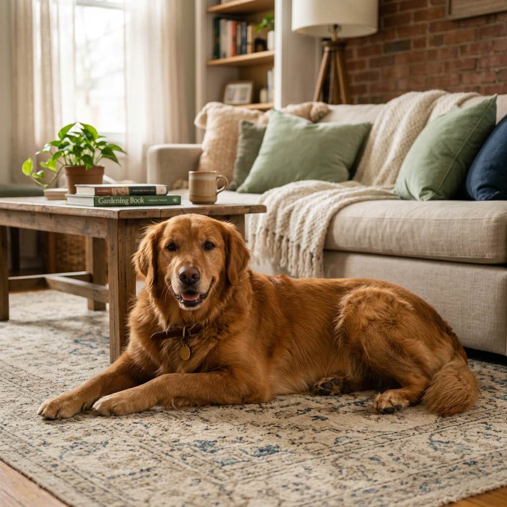 A friendly Golden Retriever resting comfortably on a living room rug with a soft warm aesthetic