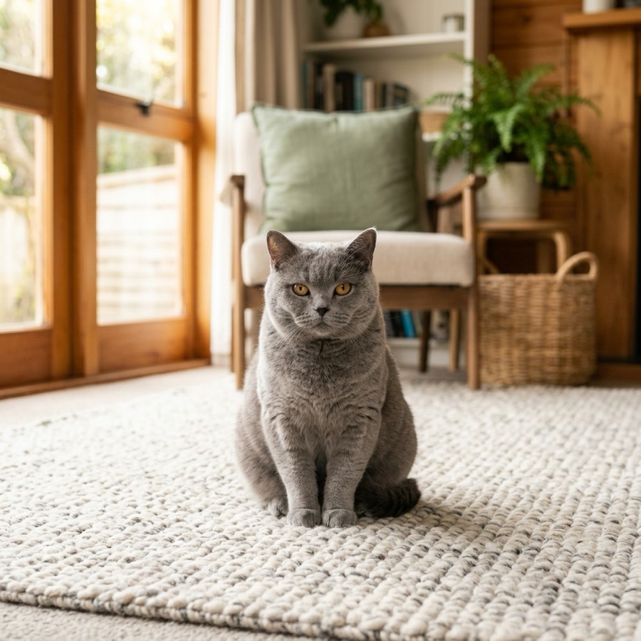 A calm, friendly breed of cat resting peacefully on a living room rug in a New Zealand home