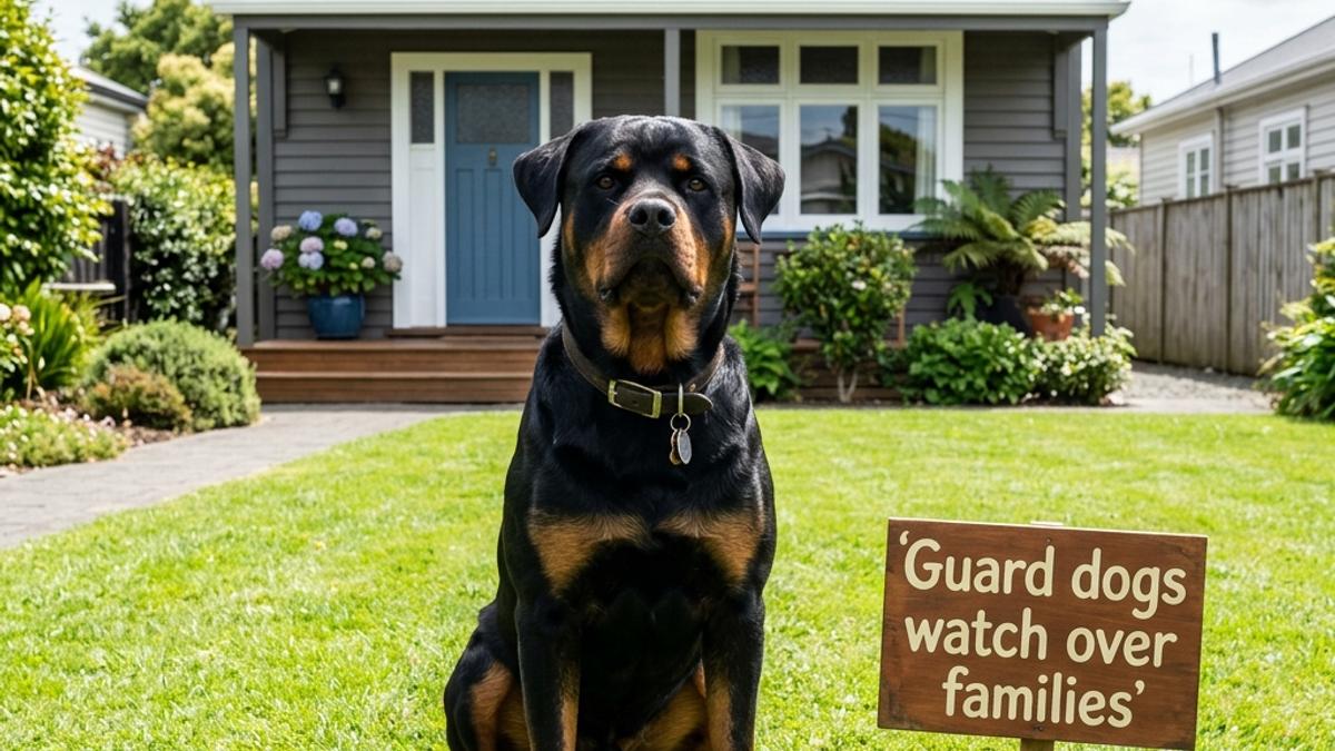 An alert Rottweiler dog sitting on grass in front of a New Zealand home next to a info card