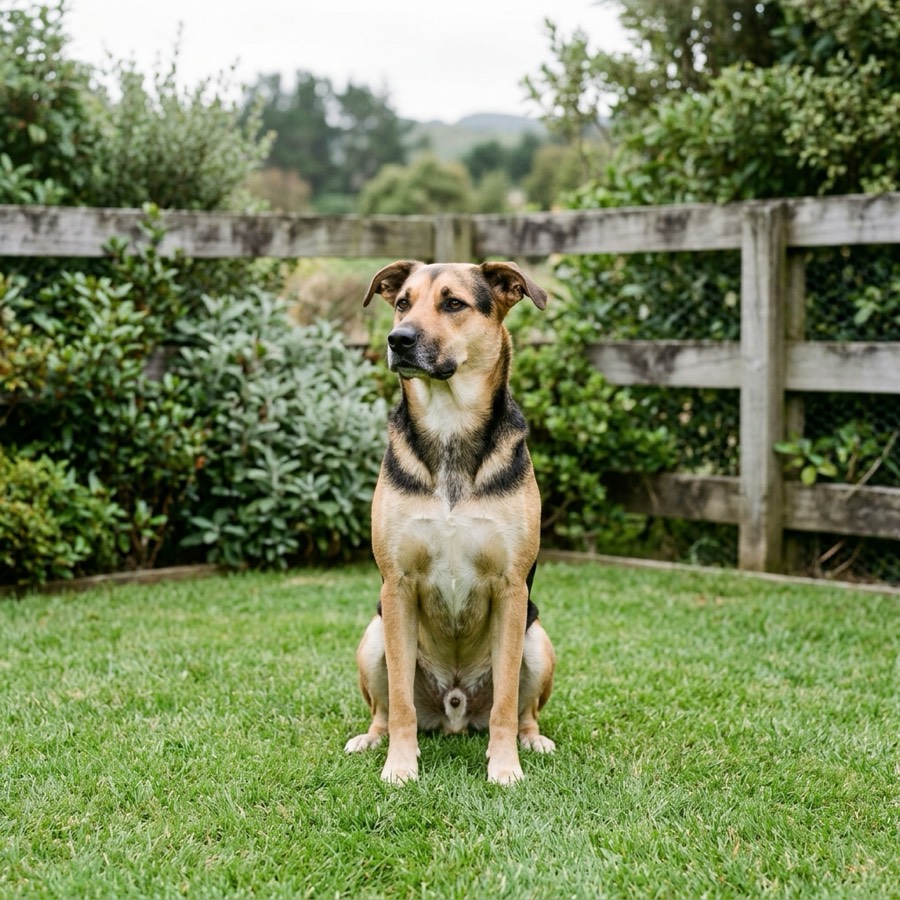 An alert noble guard dog sitting upright in a spacious New Zealand backyard