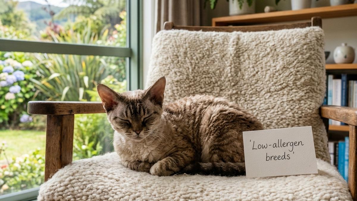 A curly devon rex cat resting on a cozy wool chair next to a low allergen breeds card