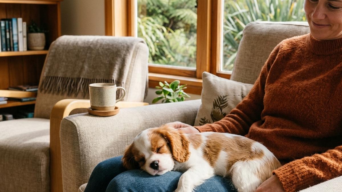 A tiny Cavalier King Charles Spaniel sleeping peacefully on its owner's lap in a New Zealand home