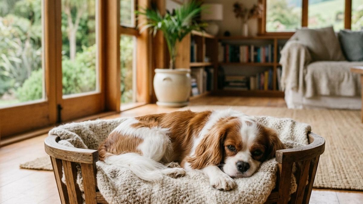 A happy, calm Cavalier King Charles Spaniel resting inside a New Zealand home