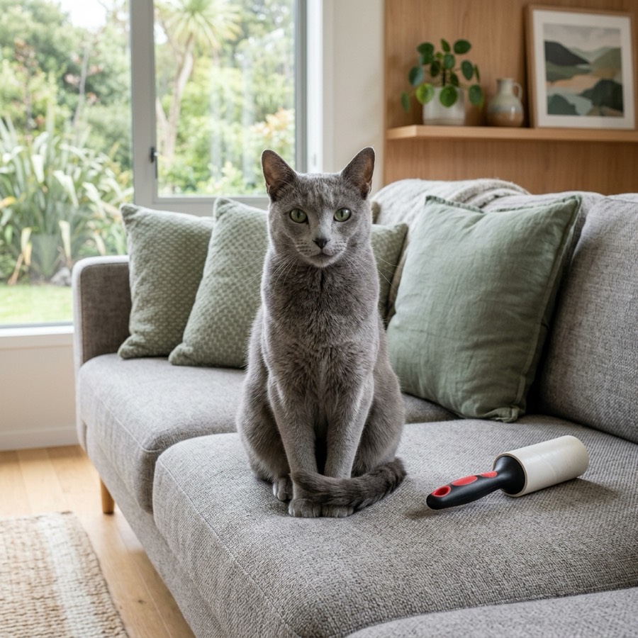 A beautiful grey Russian Blue cat sitting calmly on a sofa near a clean lint roller