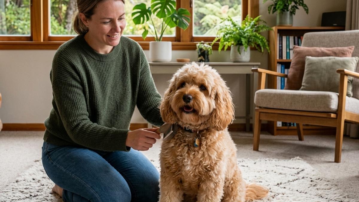 An owner grooming a clean, fluffy Cavoodle on a carpet in a New Zealand living room with no loose fur