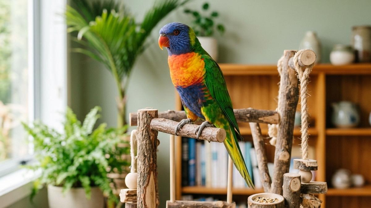 A happy colorful pet bird standing on a wooden play stand in a bright New Zealand room