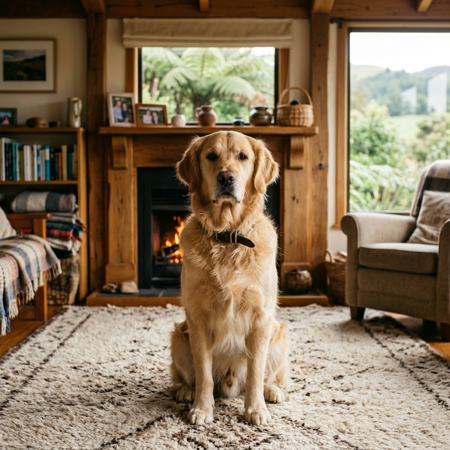 A gentle, family-friendly pet resting in a cozy New Zealand home