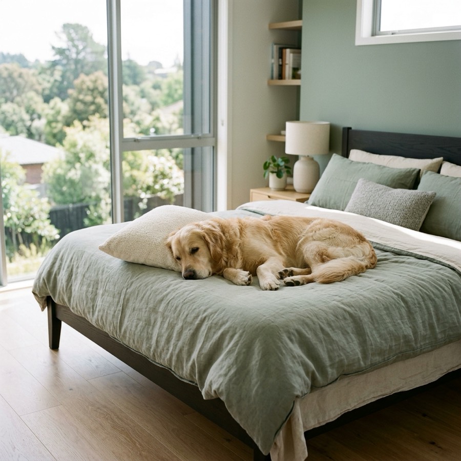 A calm golden retriever resting peacefully on a modern bed in a New Zealand townhouse