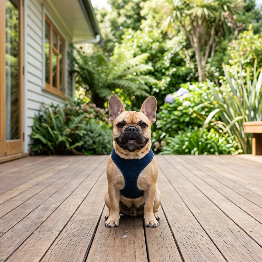 A happy small dog breed sitting on a clean wooden deck of a New Zealand home