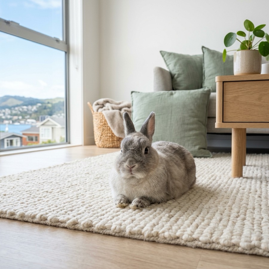 A cute grey rabbit lying down on a cozy rug in a bright modern apartment with plants