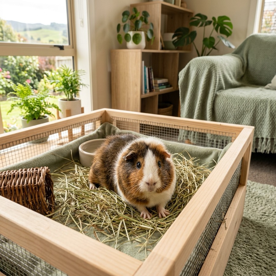 A friendly guinea pig sitting in a clean wooden indoor enclosure with fresh straw