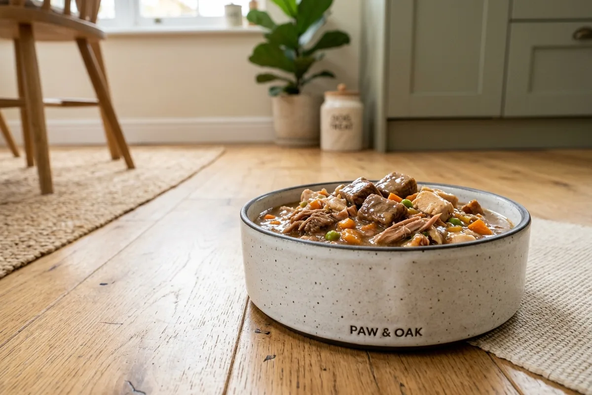 A ceramic pet bowl filled with nutritious chunks of wet dog food with real meat and gravy on a light timber floor