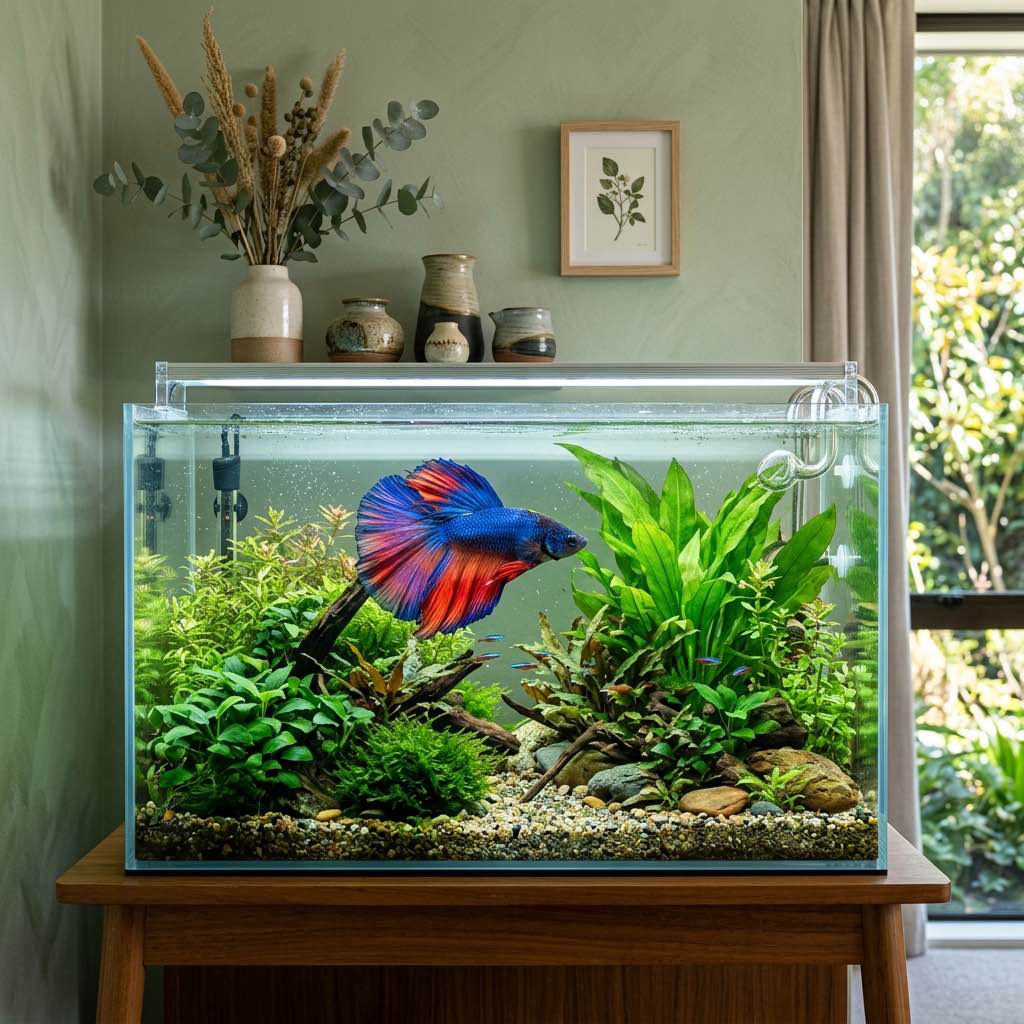 A vibrant betta fish swimming gracefully in a clean planted tank