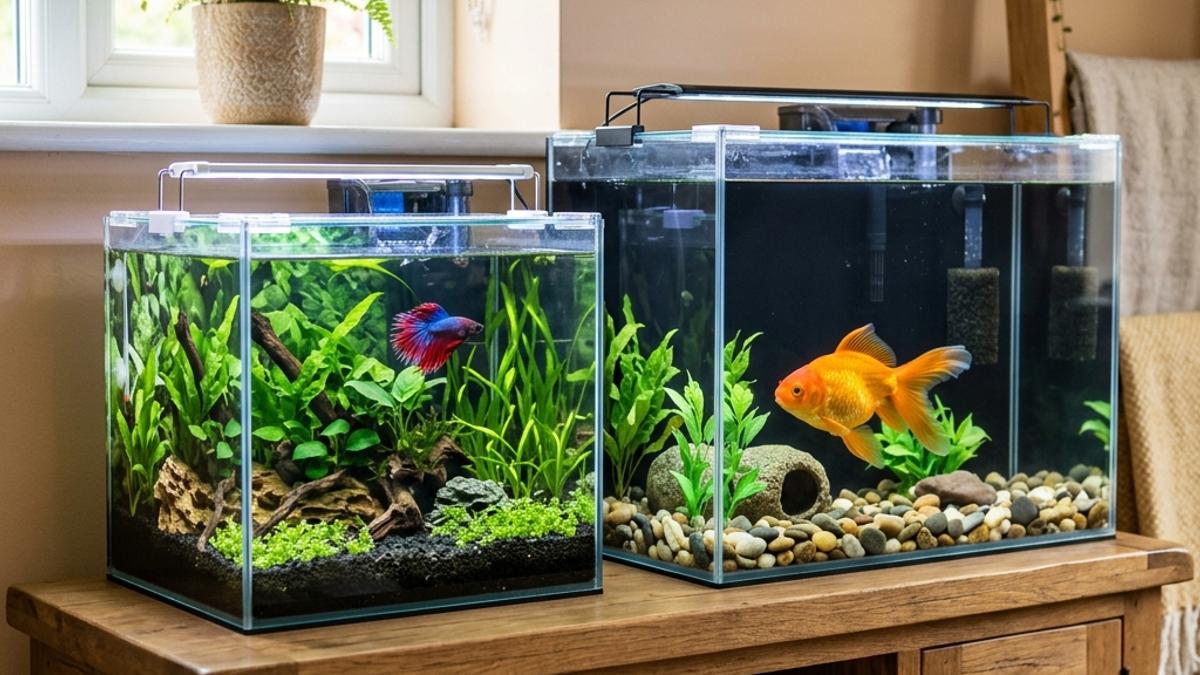 Side-by-side comparison of a planted Betta fish tank and a larger Goldfish tank in a New Zealand home