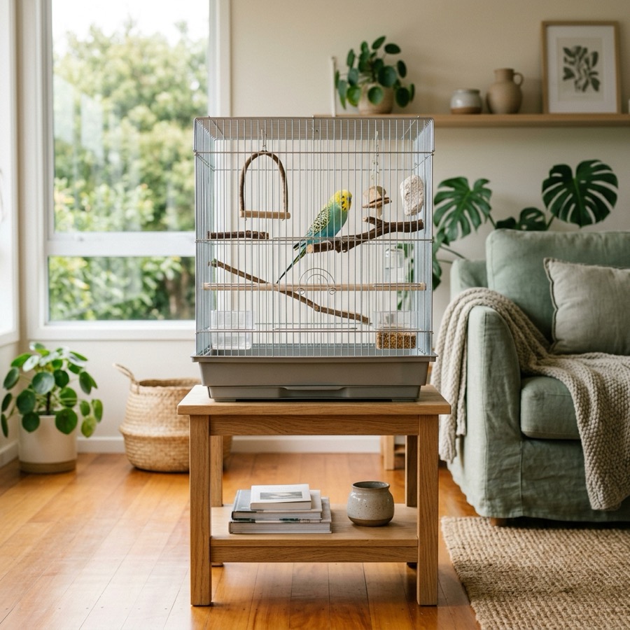 A spacious clean bird cage on a wooden stand in a warm sunlit New Zealand living room with a budgerigar inside