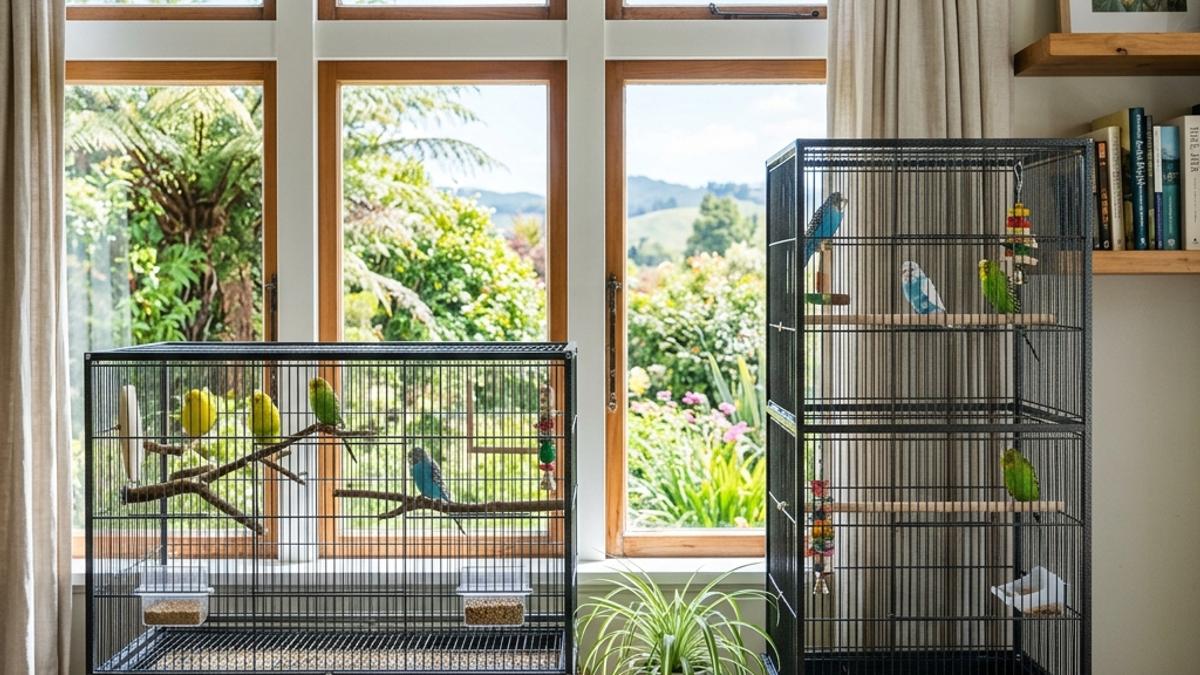 A comparison of vertical tall bird cage and wide flight cage near a window with budgies