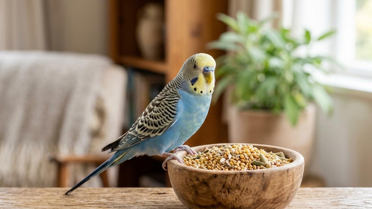 A happy domestic pet budgie standing near a small wooden bowl filled with fresh bird seeds and pellets in a bright New Zealand room