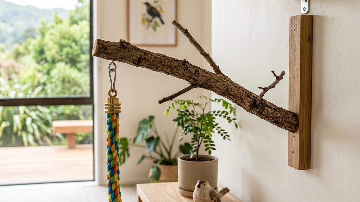 Three types of bird perches aligned in a room with a wooden natural branch and colorful rope