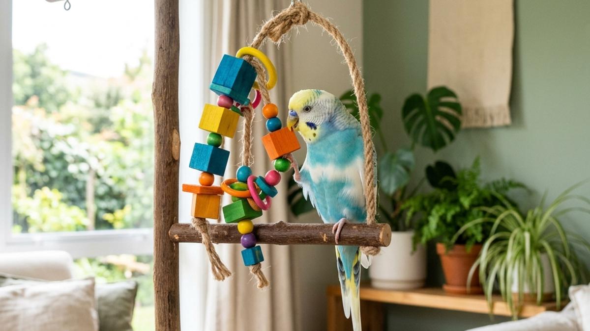 A happy domestic pet budgie playing with a colorful wooden hanging puzzle toy in a bright New Zealand room