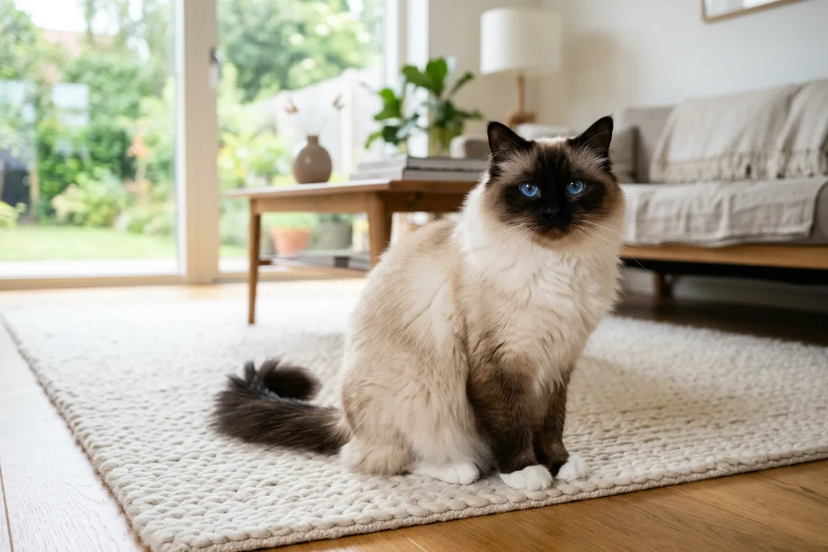 A fluffy seal point Birman cat with pristine white paws and sapphire blue eyes resting on a soft woven rug indoors