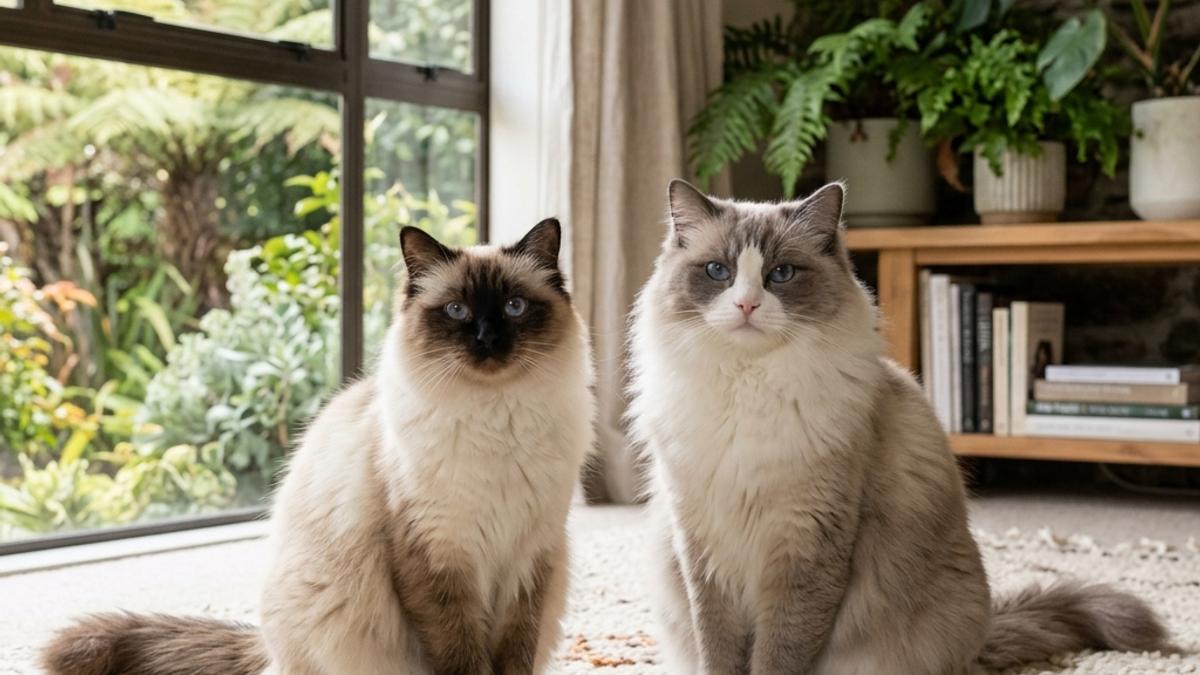 A fluffy Birman cat and a large Ragdoll cat sitting side-by-side on a cozy, warm rug in a bright New Zealand living room