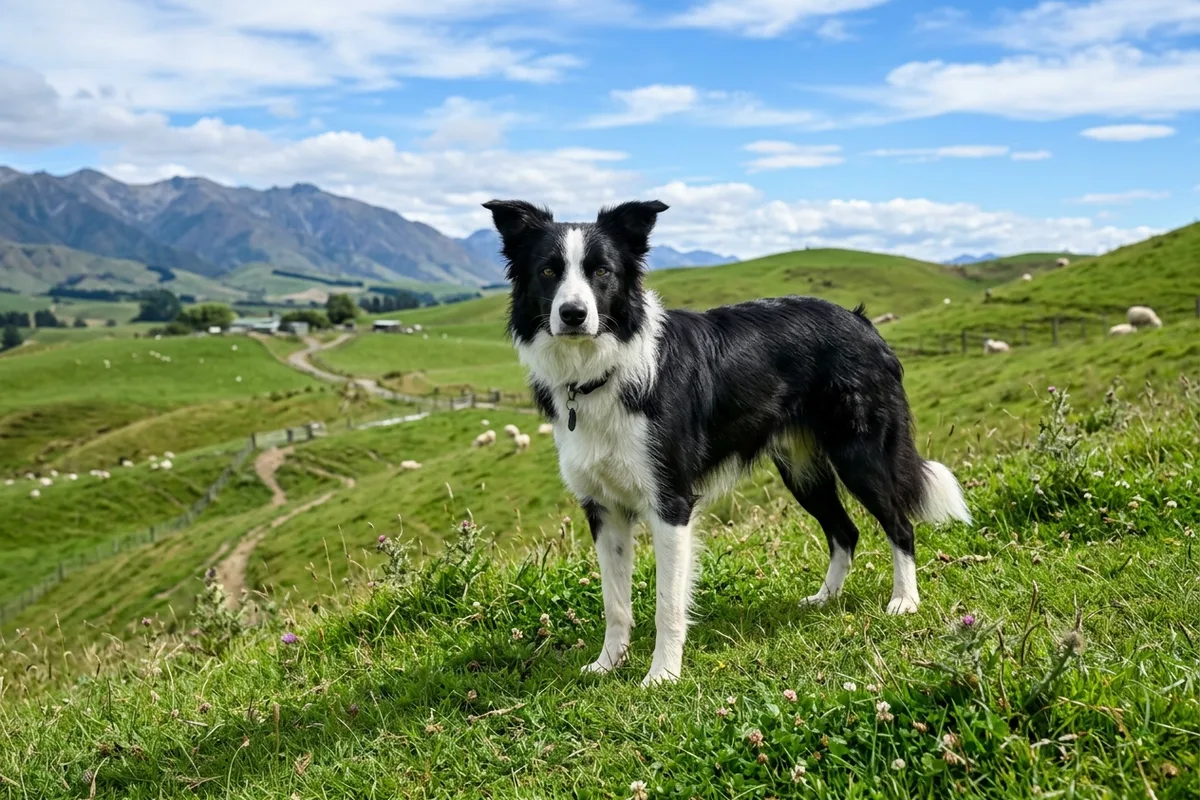 An alert black and white Border Collie dog standing gracefully on a lush green hillside pasture in rural New Zealand
