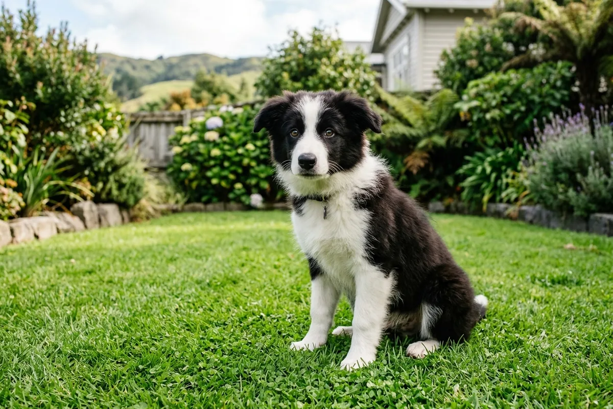 An alert medium-coated black and white Border Collie puppy sitting attentively on a green lawn in a sunny garden