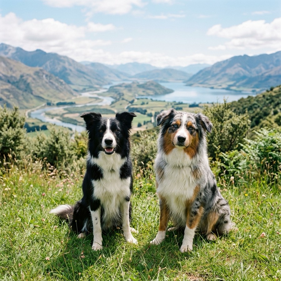 A black-and-white Border Collie and a blue merle Australian Shepherd sitting together on a grassy hill in New Zealand