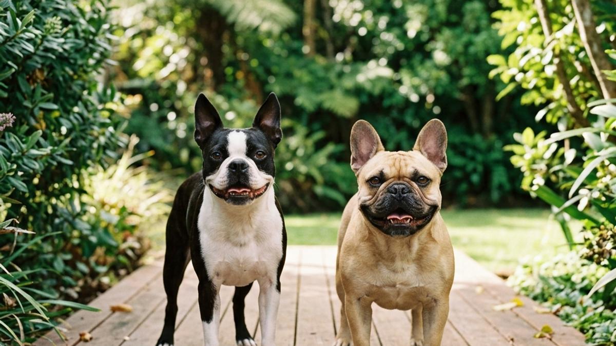A happy Boston Terrier and a cute French Bulldog standing side-by-side on a warm wooden deck in a bright New Zealand backyard