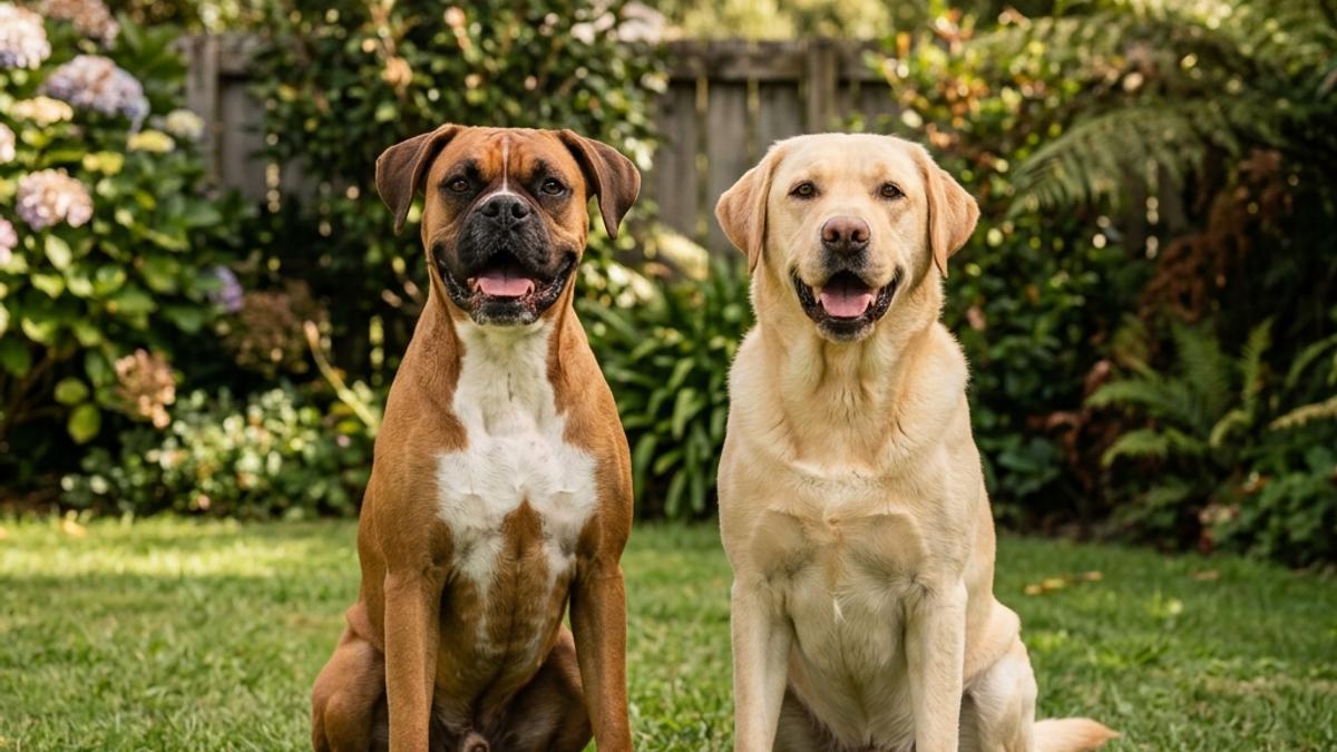 A happy Boxer and a Labrador sitting together in a New Zealand setting, illustrating boxer vs labrador nz: which family dog breed is right for you?