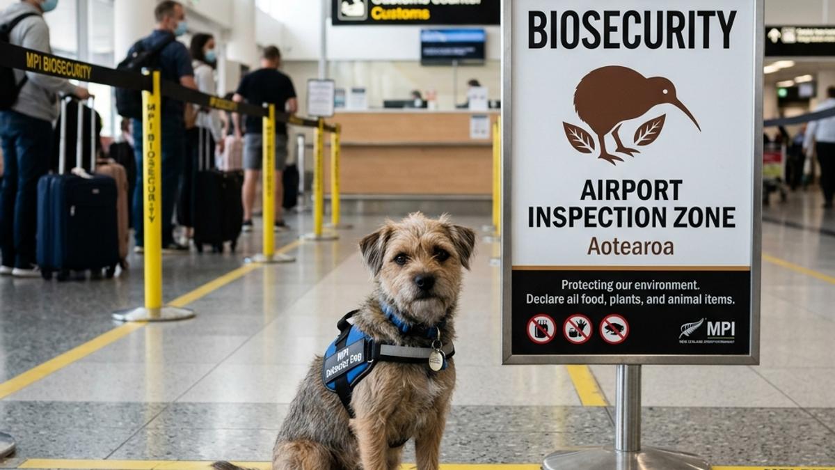 A dog sitting next to an official biosecurity inspection zone sign at an airport terminal in New Zealand