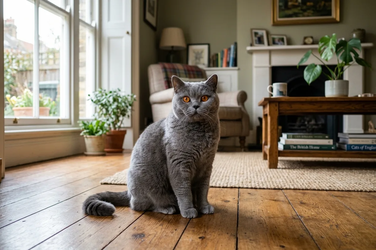 A solid blue British Shorthair cat with dense plush fur and vivid copper eyes sitting gracefully on a polished timber floor indoors
