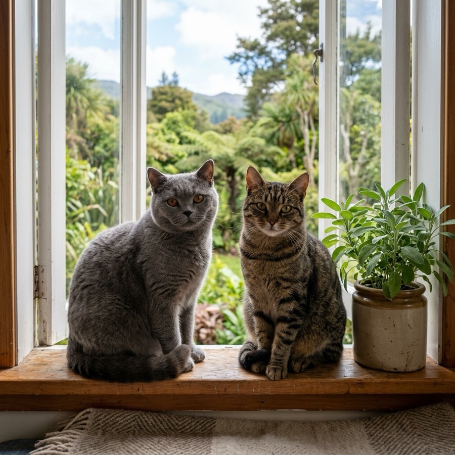 A blue British Shorthair and a domestic tabby cat sitting companionably on a sunny window sill