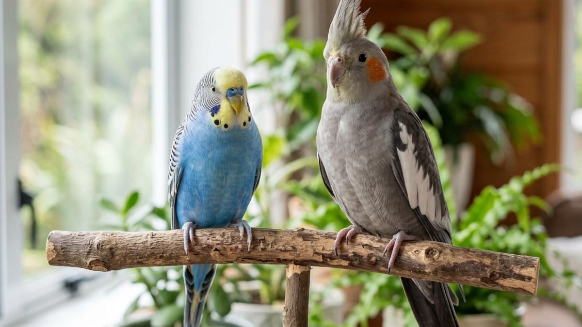 A blue pet budgerigar and a grey crested cockatiel sitting side-by-side on a rustic wooden perch in a bright New Zealand room