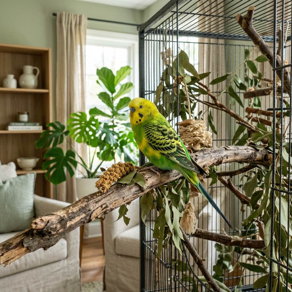A happy budgie perched on a natural wood branch inside a spacious cage