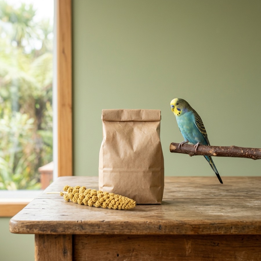 A budget bird owner setup with seed bag, millet and a colourful budgerigar on a wooden stand