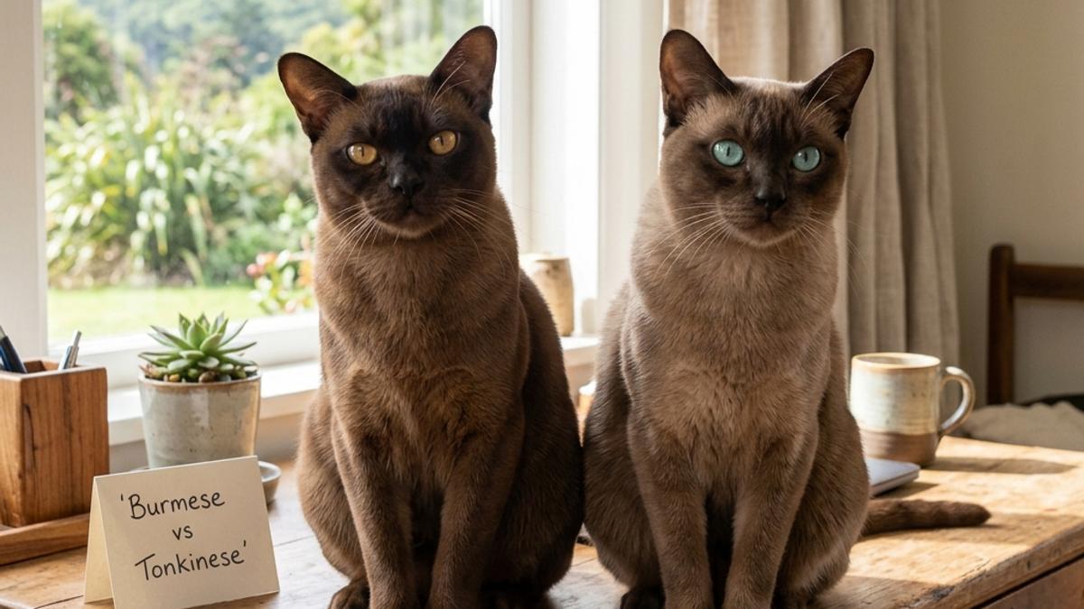 A sable Burmese and mink-coated Tonkinese cat with aqua eyes sitting side by side next to a card