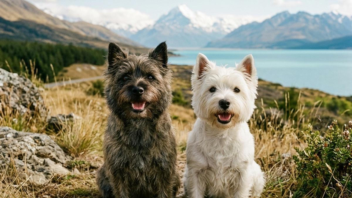A happy Cairn Terrier and a West Highland White Terrier side by side with Mount Cook and Lake Pukaki in New Zealand