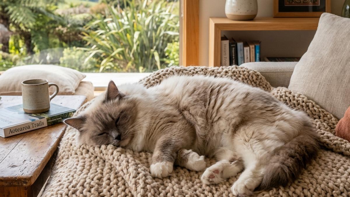 A calm, fluffy Ragdoll cat lying down peacefully on a knitted beige blanket in a sunny New Zealand living room